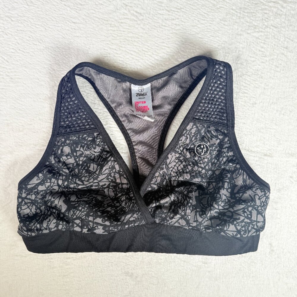 Zumba Black/ Grey Sports Bra‎ Size Medium Work Out Wear